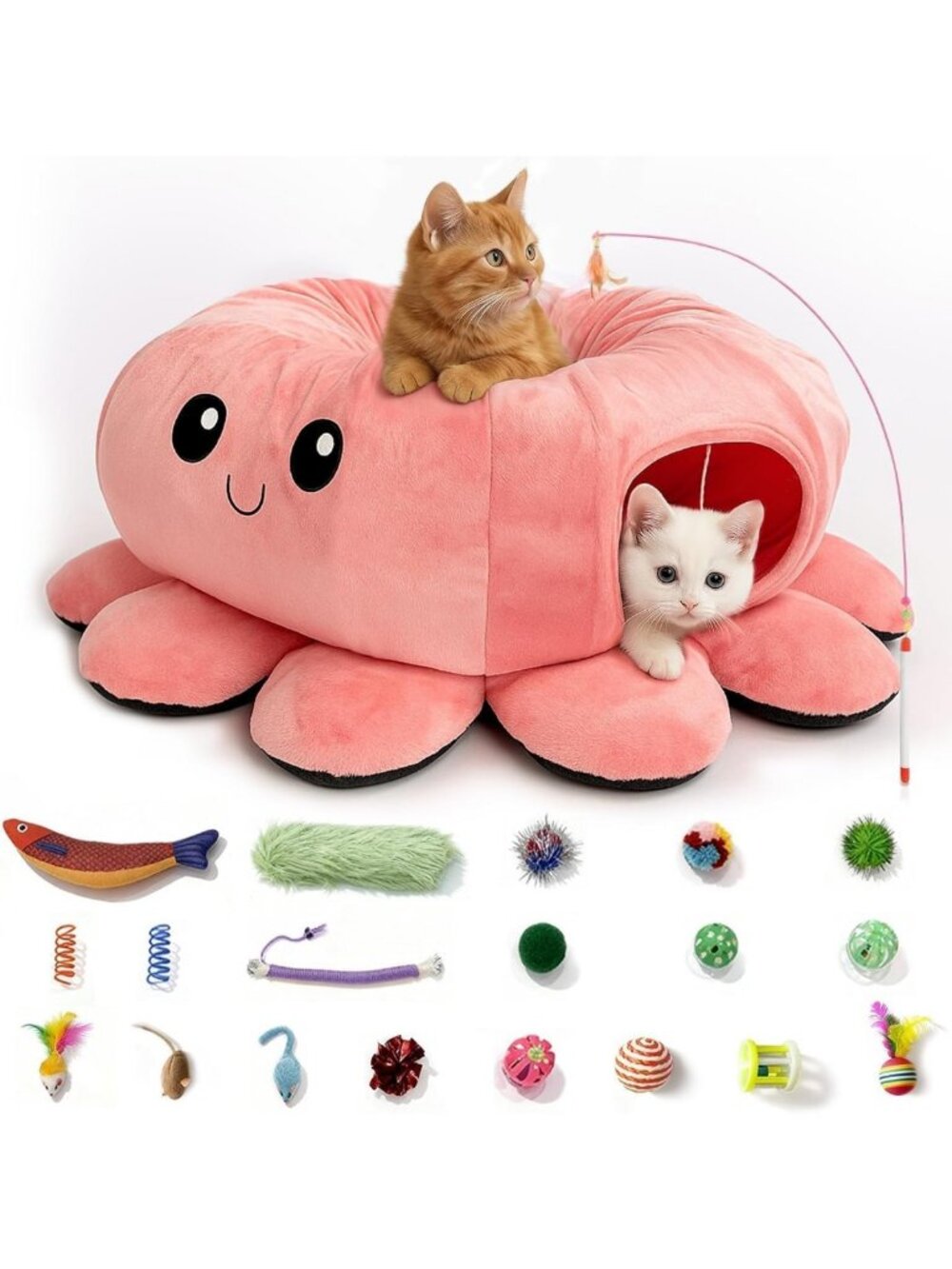 Cozy Cat Tunnel Bed with 20 Fun Toys for Indoor Kittens - Pink Playtime Set